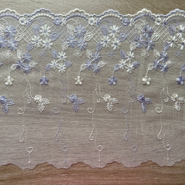 Luxury White Embroidered Tulle With Lilac + Cream Floral Design 9"/24cm