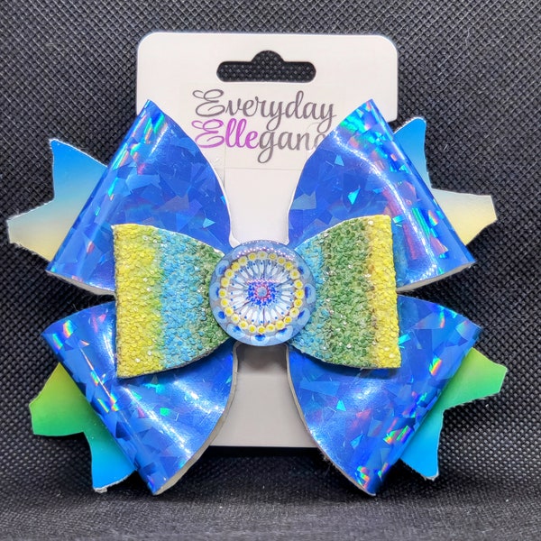 Holographic Pinwheel Bow with a Glass Bead Accent - Blue, Yellow, and White