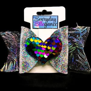 Holographic Feather Print and Glitter with a Heart Sequined Accent Bow