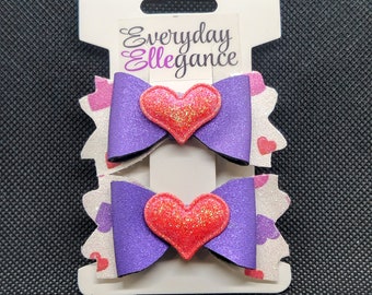 Glitter Heart Hairbow Set- Purple, Pink, and White with a Sparkly Pink Accent