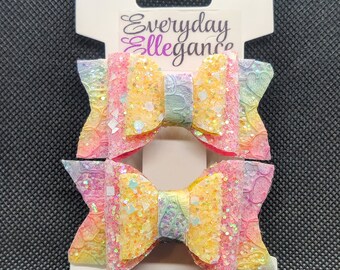 Pastel Rainbow Glitter Bow Set - Rainbow Pastel