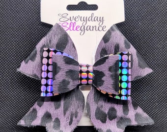 Holographic Leopard Print Bow - Purple and Black