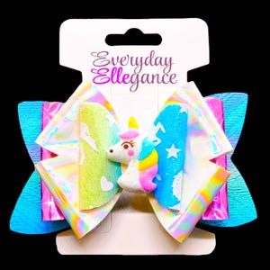 Iridescent Unicorn Bow with a Unicorn Accent - Pink, Blue, Pearl, Multicolored Pastels