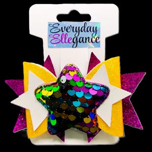 Glitter Star Hairbow with Sequin Star Accent - Magenta, Yellow, and White