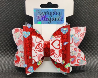 Red and White Triple Layer Bow with Holographic Silver Hearts