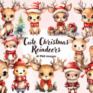 Simpatica renna dell'acquerello Clipart PNG Natale Woodland Animal Acquerello Vacanze invernali PNG Acquerello Baby Animals Clipart Cartolina di Natale