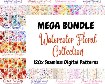 120 Floral Seamless Digital Papers, Watercolor Summer Flowers, Flowers Background, Flowers Seamless Patterns, Scrapbook, Floral Bundle