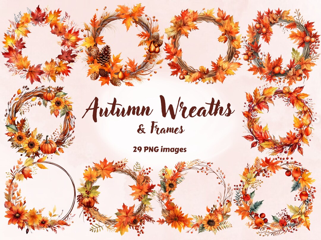 Watercolor Autumn Wreath Clipart PNG Floral Autumn Frames - Etsy
