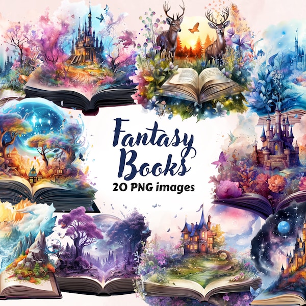 20 PNG Watercolor Fantasy Books Clipart, Open Book Clipart, Magic Books, Book Bundle PNG, Vintage Books, Fantasy Reading Clipart, Old Books