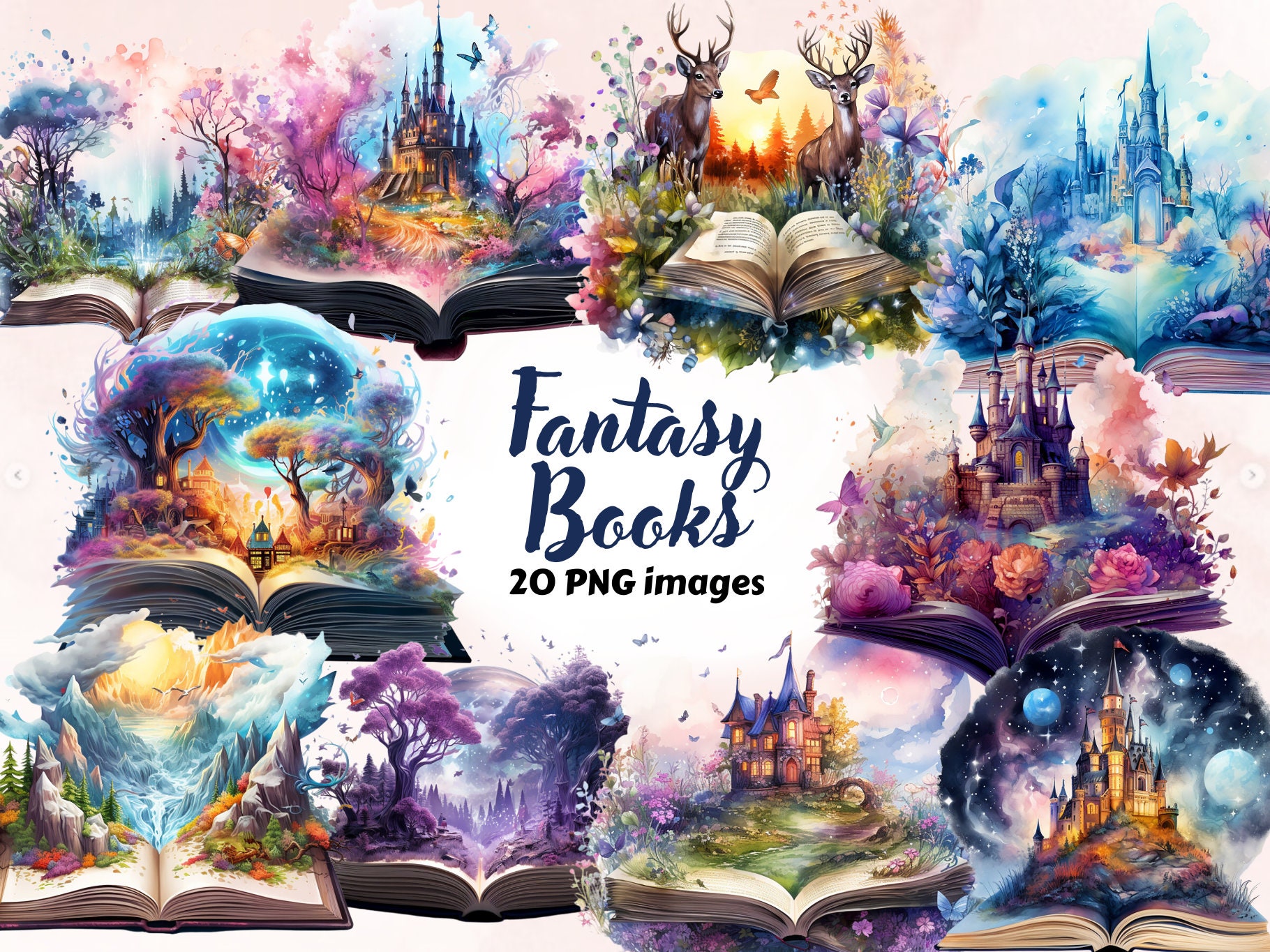 PNG Watercolor Fantasy Books Clipart, Open Book Clip Art, Book Bundle PNG,  vintage books stacklibrary clip art, old books, Magic Books