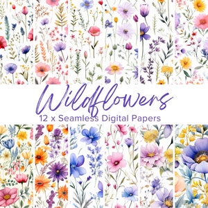12 Floral Seamless Digital Papers, Watercolor Summer Flowers, Flowers Background, Flowers Seamless Patterns, Scrapbook, Floral Sublimation