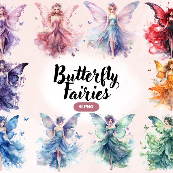 Ethereal Fairies Watercolor Clipart, Butterfly Fairies, Magical Fairies, Fairy Clipart, png, Commercial Use, Instant Digital Download