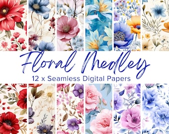 12 Floral Seamless Digital Papers, Watercolor Summer Flowers, Flowers Background, Flowers Seamless Patterns, Scrapbook, Floral Sublimation