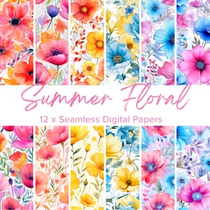 12 Floral Seamless Digital Papers, Watercolor Summer Flowers, Flowers Background, Flowers Seamless Patterns, Scrapbook, Floral Sublimation