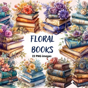 22 PNG Watercolor Floral Books Clipart, Book Bundle PNG, Open Book Clipart, Vintage books, Old Books, Book Lover Clipart, Fantasy Reading