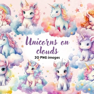 20 Fairytale Unicorns On Clouds Watercolor Clipart Bundle, PNG, Unicorn Сlipart, Cute Unicorn, Baby Unicorn, Commercial Use,Instant Download