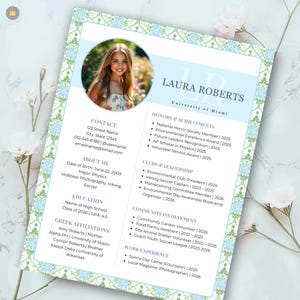 May include: A resume template featuring a floral border in blue and green, a circular photo placeholder, and text sections including Contact, About Me, Education, Greek Affiliations, Honors & Achievements, Clubs & Leadership, Community Involvement, and Work Experience.