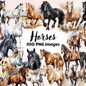 Lot de 100 chevaux Clipart, Clipart cheval PNG, aquarelle, clipart animaux, usage Commercial, sublimation, fabrication de cartes, téléchargement numérique