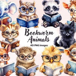 Watercolor Bookworm Animals Clipart, Fairytale Reading Animals Clipart, Book Lovers Clipart, PNG, Fantasy Reading Clipart, Nursery Animals