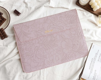 Rosa Weinlese-Blumen personalisierte lederne Laptop-Hülle, benutzerdefinierte Name Leder-Abdeckung, 13 "15-Zoll-Hülle für Macbook-Hülle, Geschenke für sie