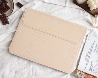 Beige Leather  Personalised Leather Laptop Case, Custom Name Leather Cover, 13" 15 inch Case For Macbook Case, Gifts for Her