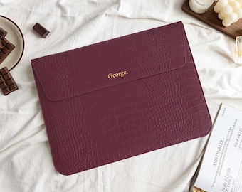 Burgundy Crocodile Leather Personalised Leather Laptop Case, Custom Name Leather Cover, 13" 15 inch Case For Macbook Case, Gifts for Her