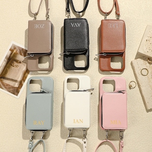 Personalisierte PU-Leder Reißverschluss Brieftasche iPhone Fall, iPhone 15 Pro, 14 Pro Max, iPhone 13 12 11, Monogramm Initialen Telefon Abdeckung