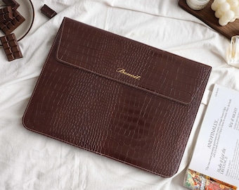 Chocolate Crocodile Pattern Personalised Leather Laptop Case, Custom Name Leather Cover, 13" 15 inch Case For Macbook Case, Gifts for Her