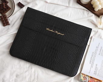 Black Crocodile Leather Personalised Leather Laptop Case, Custom Name Leather Cover, 13" 15 inch Case For Macbook Case, Gifts for Her