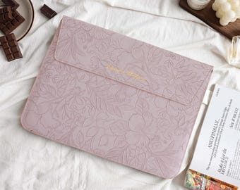 Pink Blue Vintage Flowers Personalised Leather Laptop Case, Custom Name Leather Cover, 13" 15 inch Case For Macbook Case, Gifts for Her