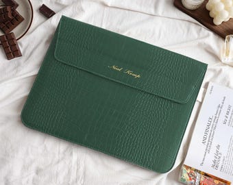 Green Crocodile Leather Personalised Leather Laptop Case, Custom Name Leather Cover, 13" 15 inch Case For Macbook Case, Gifts for Her