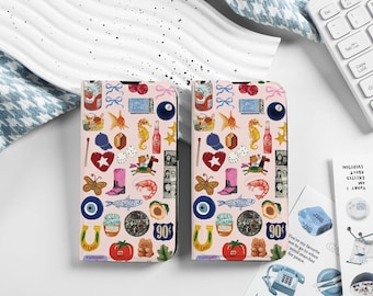 May include: Two pink phone cases decorated with a collage of illustrations, including a seahorse, a horseshoe, a tomato, and a butterfly. The cases also feature the text "90p".