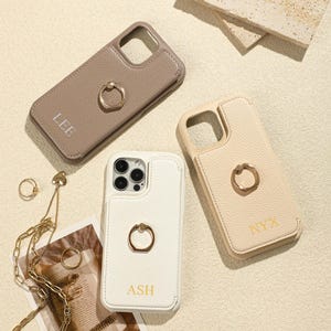 Gepersonaliseerde PU-leer iPhone-hoesje met spiegel, iPhone-hoesje voor iPhone 15 Pro, 14 Pro Max, iPhone 13 12 11, monogram initialen telefoonhoes