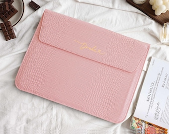 Pink Crocodile Leather Personalised Leather Laptop Case, Custom Name Leather Cover, 13" 15 inch Case For Macbook Case, Gifts for Her