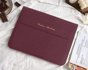 Burgundy Crocodile Leather Personalised Leather Laptop Case, Custom Name Leather Cover, 13" 15 inch Case For Macbook Case, Gifts for Her