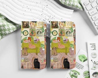 May include: Two matching phone cases with a green and yellow background. The cases feature a variety of illustrations including cats, clocks, and fruit. The text "You're my favourite place to go to when my mind searches for peace." is printed on the right case.