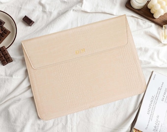 Beige Leather Personalised Leather Laptop Case, Custom Name Leather Cover, 13" 15 inch Case For Macbook Case, Gifts for Her
