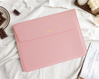 Pink Crocodile Leather Personalised Leather Laptop Case, Custom Name Leather Cover, 13" 15 inch Case For Macbook Case, Gifts for Her