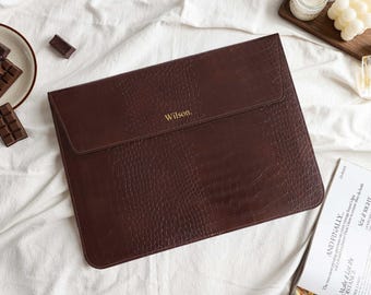 Chocolate Crocodile Pattern Personalised Leather Laptop Case, Custom Name Leather Cover, 13" 15 inch Case For Macbook Case, Gifts for Her