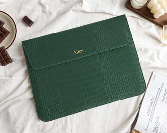 Green Crocodile Leather Personalised Leather Laptop Case, Custom Name Leather Cover, 13" 15 inch Case For Macbook Case, Gifts for Her