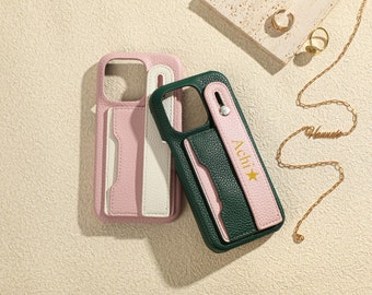 Personalized PU Leather iPhone Case with Card Holder, iphone Case for iPhone 15 Pro, 14 Pro Max, iPhone 13 12, Monogram Initials Phone Cover