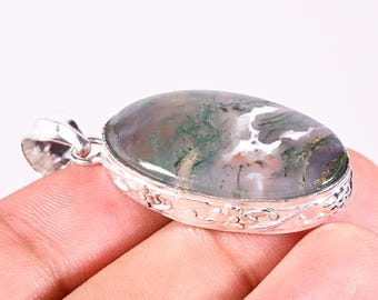 Moss Agate Pendant Sterling Silver For Necklace- Oval Shape Gemstone