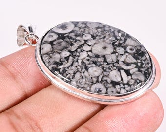 Black Fossil Coral Pendant- Sterling Silver Jewelry- Oval Gemstone Necklace For Women Gift