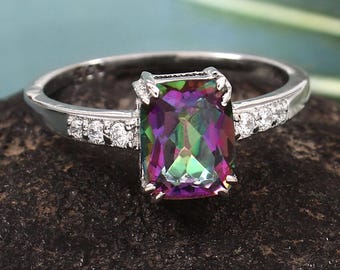 Rainbow Mystic Topaz Ring, 925 Sterling Silver, Cushion Cut Ring For Women.