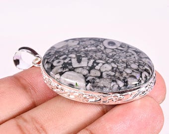 Natural Black Fossil Coral Sterling Silver Pendant- Oval Gemstone Jewelry For Women Gift