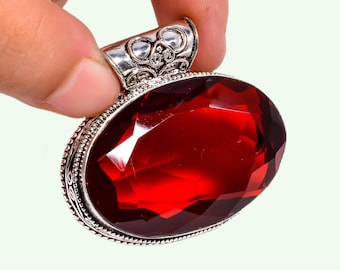 Oval Red Garnet Pendant* Bohemian Silver Jewelry* Big Size Boho & Hippie Necklace