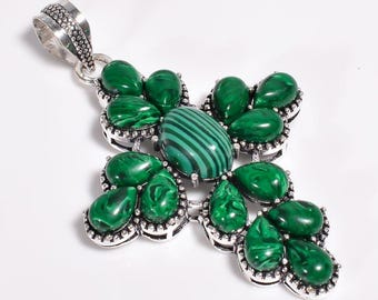 AAA+ Malachite Pendant, 925 Sterling Silver Necklace, Handmade Cross Pendant, Jewelry Gift For Mother.