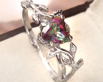 Rainbow Mystic Topaz-ring, hartvormige ring, 925 sterlingzilveren sieraden.