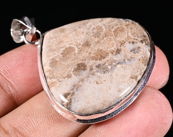 Natural fossil Coral Pendant- Sterling Silver Jewelry- Boho Gemstone Necklace For Gift
