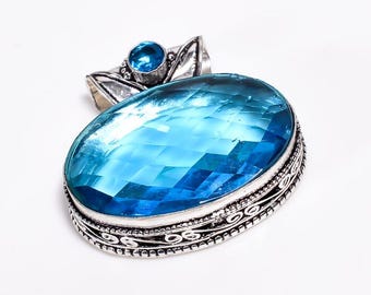 Swiss Blue Topaz Sterling Silver Pendant, Boho Hippie Style